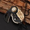 Pocket Mini Knife With Vintage Skull Design; Outdoor Camping Survival Tactical Knife; Necklace Keychain EDC Tool - Black